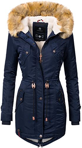 Navahoo Damen Wintermantel Warmer Parka lang mit Kapuze La Viva Blau Gr. M