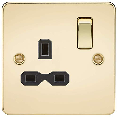Knightsbridge FP7000PB Flat Plate Single Socket in Polished Brass with Black Insert, 8.75 cm*8.75 cm*2.5 cm