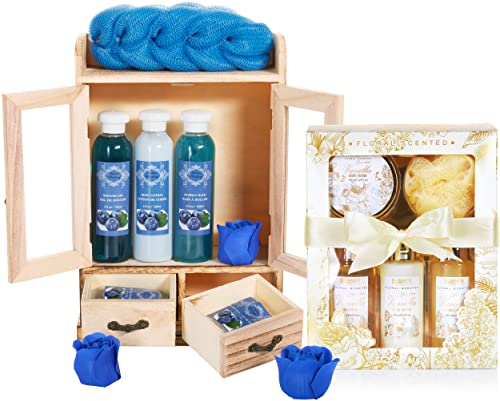 BRUBAKER Cosmetics 2 in 1 Pflegeset Blaubeere & Vanilla Rose Minze - Großes 15-teiliges Wellness Set - Damen Dusch- und Badeset - Frauen Beauty Geschenkset mit Deko Holzschrank