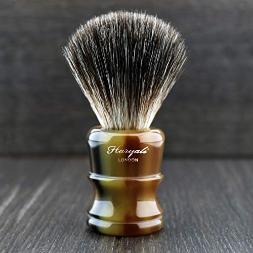 Horn Shaving Brush Black Badger Synthetic Fibre Bristles - New Handle Design - Luxury Horn Resin - Exceptional Comfort and Low Maintenance - Great Addition to Any Shaving Collection