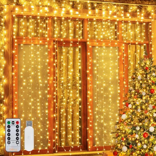 Ollny Christmas Curtain Lights Indoor, 300 LED 3m x 3m Fairy Lights USB Powered, Waterproof Warm White String Light with 8 Modes/Timer/Remote, Bedroom/Wall/House/Garden/Xmas Decorations