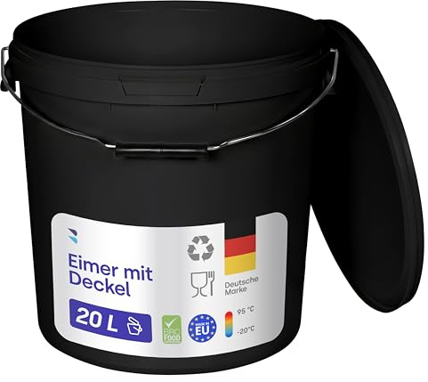 BenBow - Eimer mit Deckel schwarz 3X 20 Liter - lebensmittelecht stabil luftdicht auslaufsicher geruchsneutral - Aufbewahrungsbehälter aus Kunststoff - Metalgriff - Rissfester Griff, leer - zur Hause