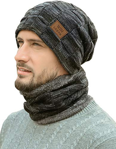 Mens Winter Beanie Hat Scarf Set Warm Fleece Lined Knit Ski Hats Slouchy Skull Cap for Unisex Gift Mixed Black