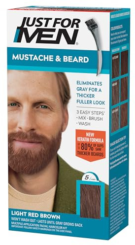 Just For Men Mustache & Beard, multiple uses Beard Dye for Men with Brush, With Keratin Biotin Aloe and Coconut Oil for Healthy Facial Hair - Light Red Brown, M-27, Pack of 1 (Packaging May Vary)