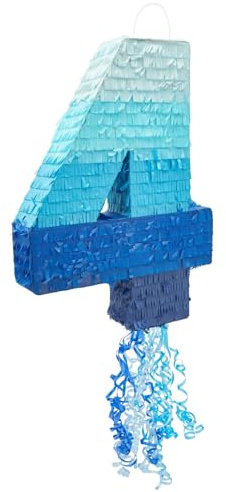 BLUE PANDA Pull String Pinata - Corrugated & Number 4 Pinata - Ombre Blue Tissue & 4 Year Old Birthday Decor - Easy Fill & 4 Year Old Boy Fun - Number 4, Ombre Blue - 16.5 x 12 x 3 in