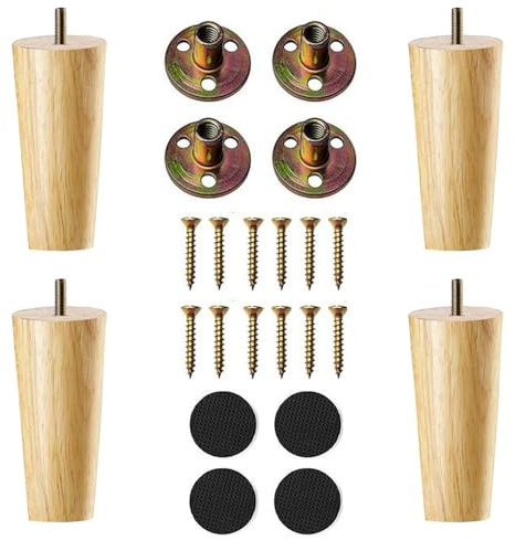 YouYuer Holzmöbelbeine,4 Stück Massivholz Möbelfüße Holz Möbelbeine Holz Rund Tischbeine Schrankbeine Mit Montageplattes,Schraubens Und Leise Gummipads Für Sofa,TV,Schrank,Bett Und Tisc (12cm)
