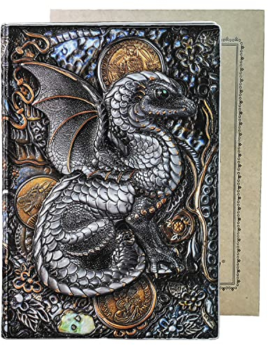 YHH Tagebuch Liniert für Erwachsen Kinder, A5 Notizbuch Leder Vintage, Geprägte, Hardcover, Zeichenbänder, 200 seiten, Lined Journal Notebook für Frauen Business Büro Schule Zauber 3Ddrachen Bunt