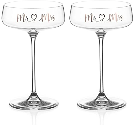 DIAMANTE Set of 2 Champagne Cocktail Coupes Saucers Pair - ‘Mr & Mrs’ Platinum Print Wedding Slogan - Set of 2 in Gift Box