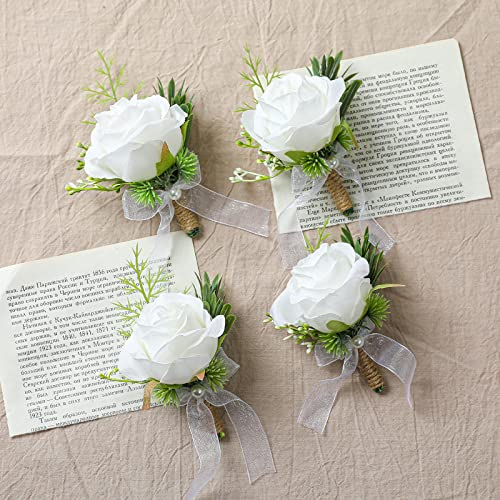 Garisey 4pcs White Rose Boutonniere for Men Artificial Rose Flower for Wedding Flowers Ceremony Prom Flower (4 Boutonniere)