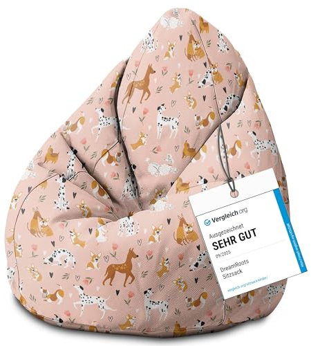 DreamRoots Sitzsack Kinder 70x70x105, Pink Cartoon Dogs | Bean Bag Kinder mit Lehne, Hocker & Bezug, Sitzkissen Boden, Bubibag, mit Füllung, Kinderzimmer