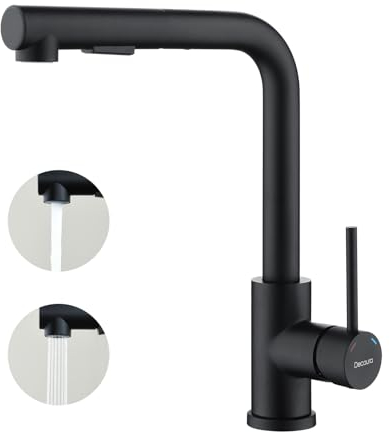 Decaura Küchenarmatur mit Brause Ausziehbar Wasserhahn Küche Schwarz Zwei Wasserstrahlarten Spültischarmatur 360°Drehbar Einhebelmischer Mischbatterie Spülbecken Armatur
