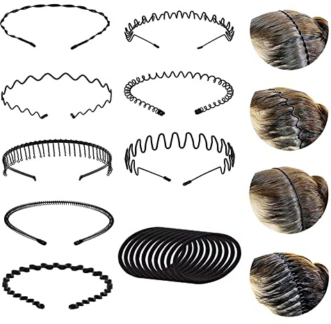 Unisex Metall Haarband, 8 PCS Schwarz Welle Haarreifen Damen Herren, Spring Wave Haarband, für Sport, Fitness, tägliches Make-up (Kostenlos Zehn Haarseile)