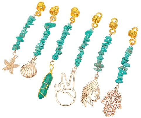 HOHXFYP Haarschmuck für Zöpfe, 6 Stück Wikinger Bartschmuck mit Türkisfarbenen Details, Gesichtshaarkugeln für Männerhaar, Kristall Haarschmuck für Mädchen