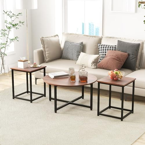 COSTWAY 3er Set Couchtisch, Beistelltisch Metallrahmen, 1 runder Kaffeetisch & 2 quadratische Tische, Sofatisch Wohnzimmertisch Kaffeetisch modern, Satztisch für Wohnzimmer Schlafzimmer (Braun)