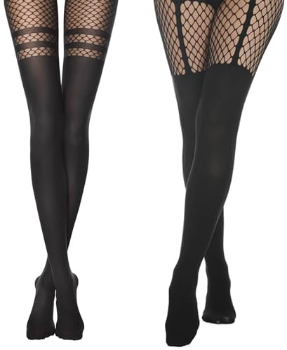 Asheyya 2 Pairs Suspender Tights, Plus Size Stockings, Gothic Fashion Thigh High Mesh Fishnet, Black Pantyhose for Women
