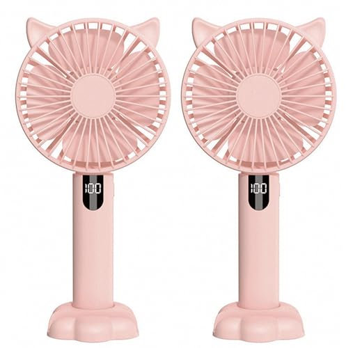 Leehui 2 Pack Mini Portable Hand Held Fan, Night Light Handheld USB Rechargeable Fans with 5 Speeds, Cute Cat LED Digital Display Small Desktop Fans With Base for Home Office Bedroom Outdoor Travel