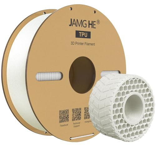TPU Filament 1.75 mm, JAMG HE Flexible TPU 95A Roll +/- 0.02 mm Accuracy Soft 3D Printer 1KG Filament Spool with Vacuum Packaging for 3D Printer (White, 1KG)