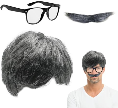 XNIVUIS 3-teiliges Opa-Perücken-Set für Herren, Kunstbart, schwarze Brille, Opa-Kostüm, alter Mann, graue Perücken für Halloween, Karneval, Party, Cosplay (3 Stück)