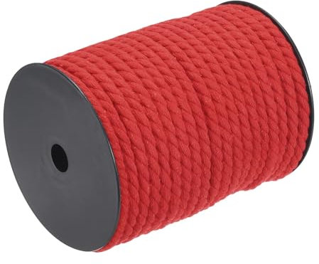 sourcing map Cotton Rope 3 Strand Twisted Braided Rope Cord, Red 8mm x 131ft Craft for Wall Hanging, Plant Hanger, Knitting, Macrame Knotting