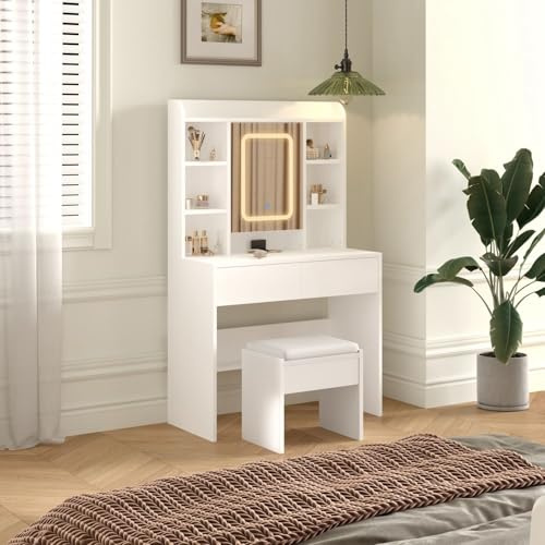 WestWood Dressing Makeup Table Set with Large Tabletop and Stool Wooden White Vanity Ample Jewelry Bags Easy-to-Clean Multiple Adjust Shelves Hidden Storage Drawer Mirror Cabinet Adjustable LED Light