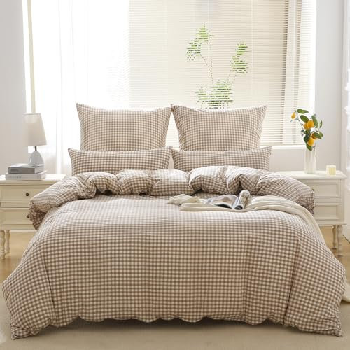 SOULFUL Housse de Couette 220x240 Coton Carreaux, Beige Linge de Lit avec Fermeture Éclair, 100% Coton Lavé, Certifié Oeko-TEX, Parure de Lit Vichy 220x240 Coton avec 2 Taies d'oreiller 65x65 cm