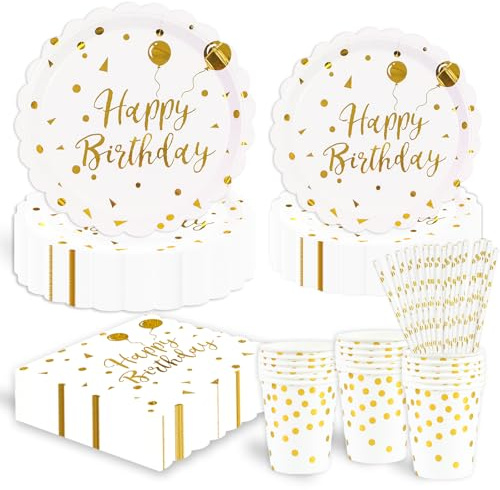 125 Stück Thema Partygeschirr Set, weiß und Gold Geburtstag Geschirr für Graduierung Urlaub Hochzeit Geburtstag Party Zubehör Dekorationen 25 Gäste