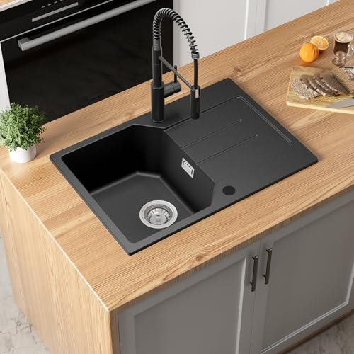 ANYCEE Fregadero Negro 65x45 cm, Fregadero Granito Negro con Escurridor para Mueble Bajo 40 Cm