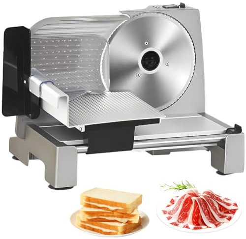Trancheuse à viande électrique avec lame en acier inoxydable et poussoir pour aliments, épaisseur réglable de 0 à 15 mm, plate-forme de roulement élargie, pour fromage, légumes, jambon, pain, fro