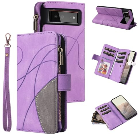 TQmchun Kompatibel mit Hülle Google Pixel 6a, Retro Reißverschluss Handytasche,9 Kartenfäche Leder Geldbörse Stoßfest Flip Case mit Handschlaufe Magnetverschluss Wallet– Lila