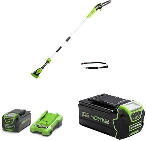 Greenworks 40V Akku Hochentaster mit 20 cm Blattlänge, 8 m/s Kettengeschwindigkeit, 2,58 m Stangenreichweite, 3 Jahre Garantie & 40V 4Ah Lithium-Ionen Akku & 2A Ladegerät+ schnell aufladbarer 5Ah Akku