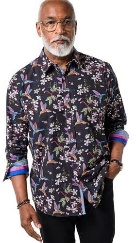 Joe Browns Male Floral Bird Print Long Sleeve Shirt, Regular, Black, UK L