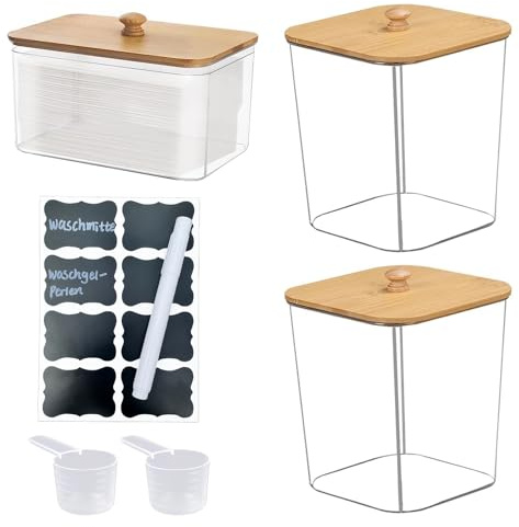 Waschmittel Aufbewahrung, 3 Stück Wäschepods Behälter, Waschmittelbox mit Bambusdeckel, mit Blankoetikett Geliefert, Transparent Waschmittelbox, für Waschpods, Badebomben, DuftverstäRker