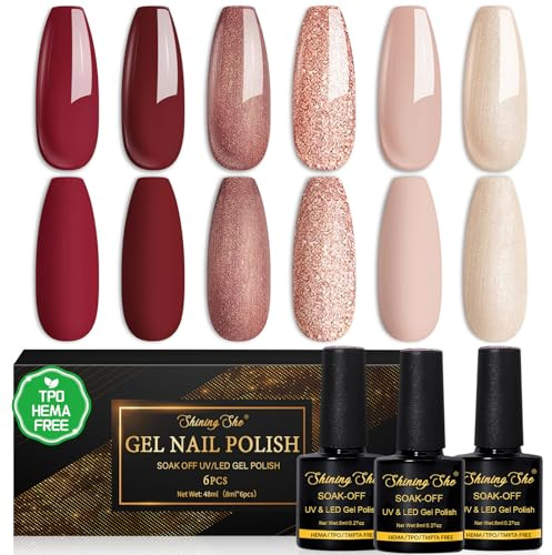 Shining She TPO HEMA-fria halvpermanenta nagellack i UV-gel, 6 färger röd-brun naken röd-rosa glitter beige halvpermanenta nagellack för nybörjarkonst, 8 ML