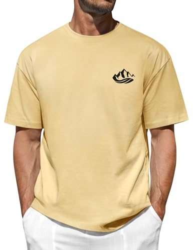 Xnova Tee-Shirt à Manches Courtes col Rond pour Hommes, Tshirt avec Motif Montagne Imprimé Basique Confortables Haut en Coton Décontracté (Kaki, L)