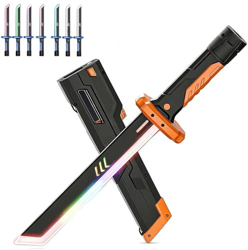 LZAQHMT 45 Cm Épée LED Multicolore Arc-en-Ciel Rechargeable avec Effet Scintillant Épée Lumineuse Streamer Objet Collection 2 en 1 for Cosplay(Orange)