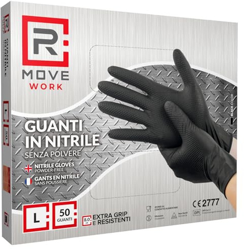 R MOVE 50 Guanti in nitrile Diamond 8,5 gr. +140% di SPESSORE rispetto al 3,5 gr Guanti antiscivolo, Grip su tutto il palmo per una perfetta presa (Nero, L (Confezione da 50))