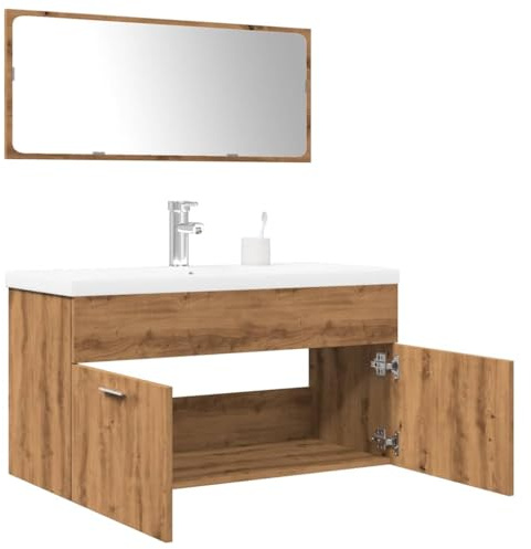 ULUYYUC Set di 3 mobili da bagno con lavandino e specchio, rovere artisano, 90 x 38,5 x 46 cm, in ceramica, design moderno, per piccoli bagni, cucina e WC per gli ospiti