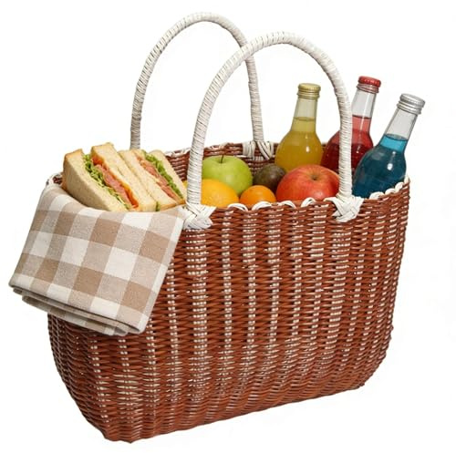 Große Strandtasche, Gewebter Einkaufskorb, Geflochten Rattanimitat Tragbarer Lebensmittel Picknickkorb, Handtasche Für Damen Männer