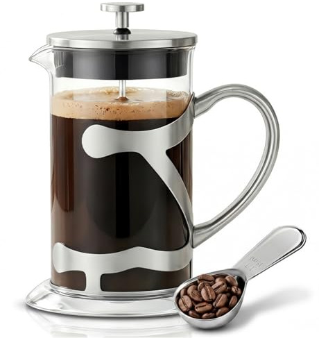 CHDEXU Stainless Steel French Press Coffee Maker 600ml, 20oz Heat Resistant Borosilicate Glass Coffee Press with Coffee Measuring Spoon, Manual Brewer for Coffee and Tea