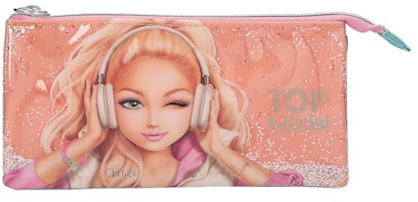 Depesche 14104 TOPModel Music - Fächerschlamper in Pink, Apricot und Türkis, mit Model Motiv und beweglichem Glitzer, Mäppchen mit 3 Fächern und Reißverschluss