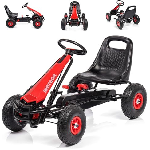 meteor Gokart Kinder mit Pedalen Tretfahrzeug mit Handbremse Luftreifen verstellbarem Sitz Kettenantrieb Freilauf Tretauto Outdoor für Jungen und Mädchen 3-8 Jahre bis 30 kg Rot GM-G205