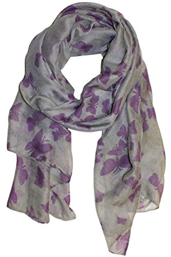 World of Shawls New Butterfly Print Ladies Celebrity Style Scarves Maxi, Scarf, Wrap, Sarong, shawls (Grey/Purple)