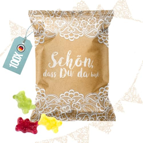 Logbuch-Verlag 100 Schön dass du da bist Geschenke für Gäste braun weiß Gummibärchen Gastgeschenke Hochzeit & Feste