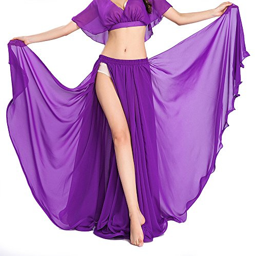ROYAL SMEELA Chiffon Belly Dance Skirt Slit Long Belly Dancing Skirt Tribal Bellydance Skirts Belly Dance Costume for Women Purple
