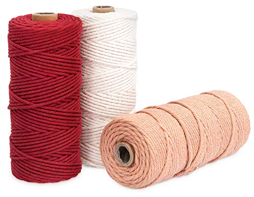 Navaris Makramee Garn 3er Set - Baumwollschnur für DIY Projekte Wandteppich Traumfänger - Natur Baumwolle Baumwollkordel - weiß, dunkelrot, altrosa