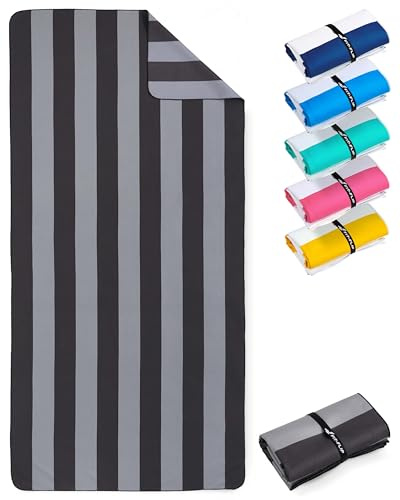Fit-Flip Strandtuch XXL Mikrofaser leicht und schnelltrocknend | Grau-Dunkelgrau gestreift 160x90cm, Strandhandtuch, 100% recycelt, Badetuch groß, Reisehandtuch