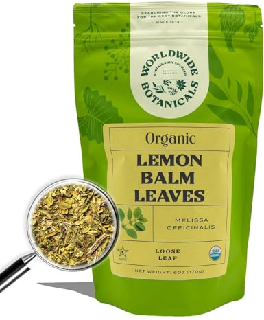 Worldwide Botanicals Organic Lemon Balm Tea, 6 Ounces - Loose Leaf Premium Herbal Tea | 100% Pure Lemon Balm Leaves | For Stress Relief and Good Digestion | Kosher