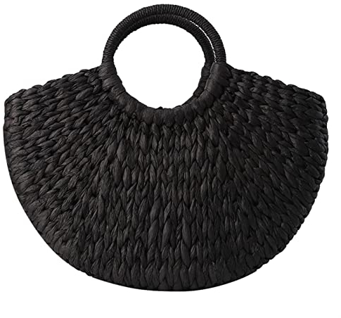FJZFXKZL Strandtasche Stroh, Frauen Handtasche Rattan Wicker Stroh gewebt Halbrunde Tasche Große Kapazität Weibliche Freizeit Reise Strand Tasche Mode Kupplung Taschen (Color : Black)