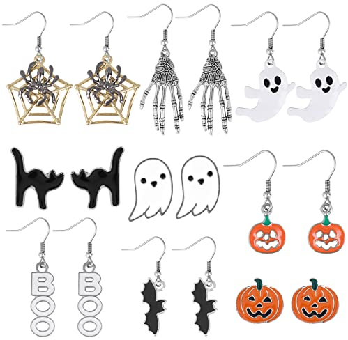 Yolev 9 Paar Halloween Ohrringe Earrings Ohrstecker Schwarz Ohrringe Spinnennetz Kürbis Geist Fledermaus Boo Dangle Earrings Mädchen Herren Halloween Kürbis Gothic Ohrringe Schmuck