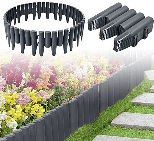 ACXIN 14m Rasenkante Kunststoff Holzoptik Beeteinfassung Garden Border Beetzaun Mähkante Palisade Wetterfest Garten dekorativ 1 Element BxHxT: 28x24x1 cm, Anthrazit